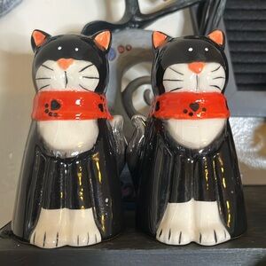 Black-and-white cat wearing a scarf salt and pepper shakers